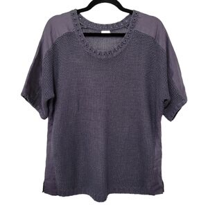 Poetry Open Weave Knit 100% Linen Boxy Fit Women's Top, Dark Grey, Size M Beachy